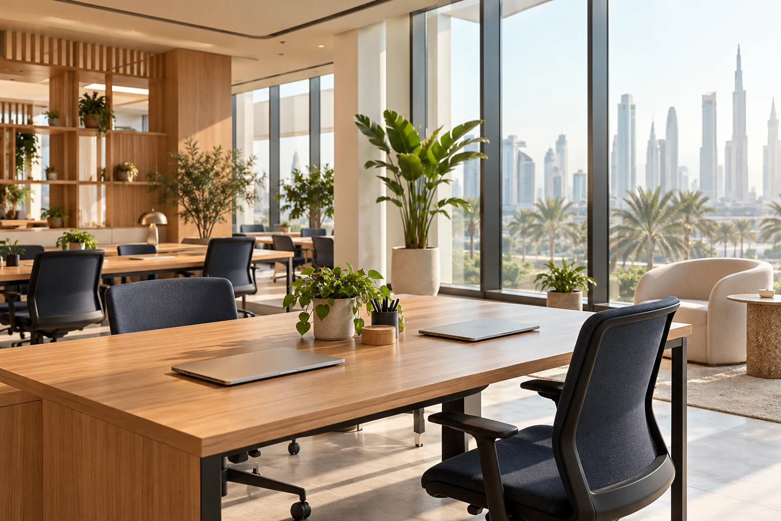 Illustrative contemporary workspace with timber desks and natural light
